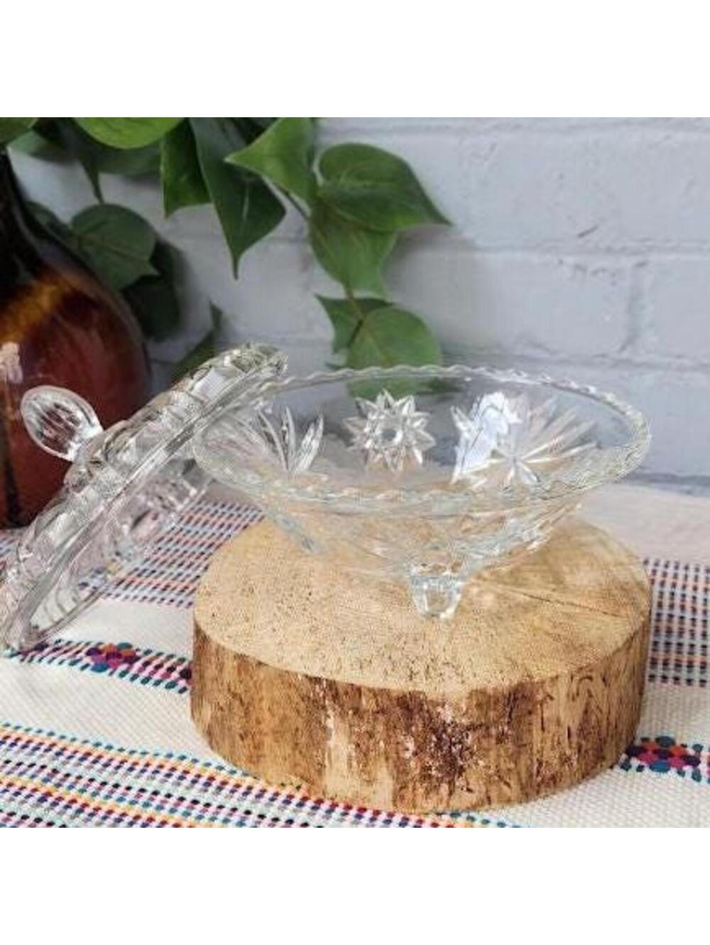 Vintage Starburst Cut Glass Candy Dish with Lid